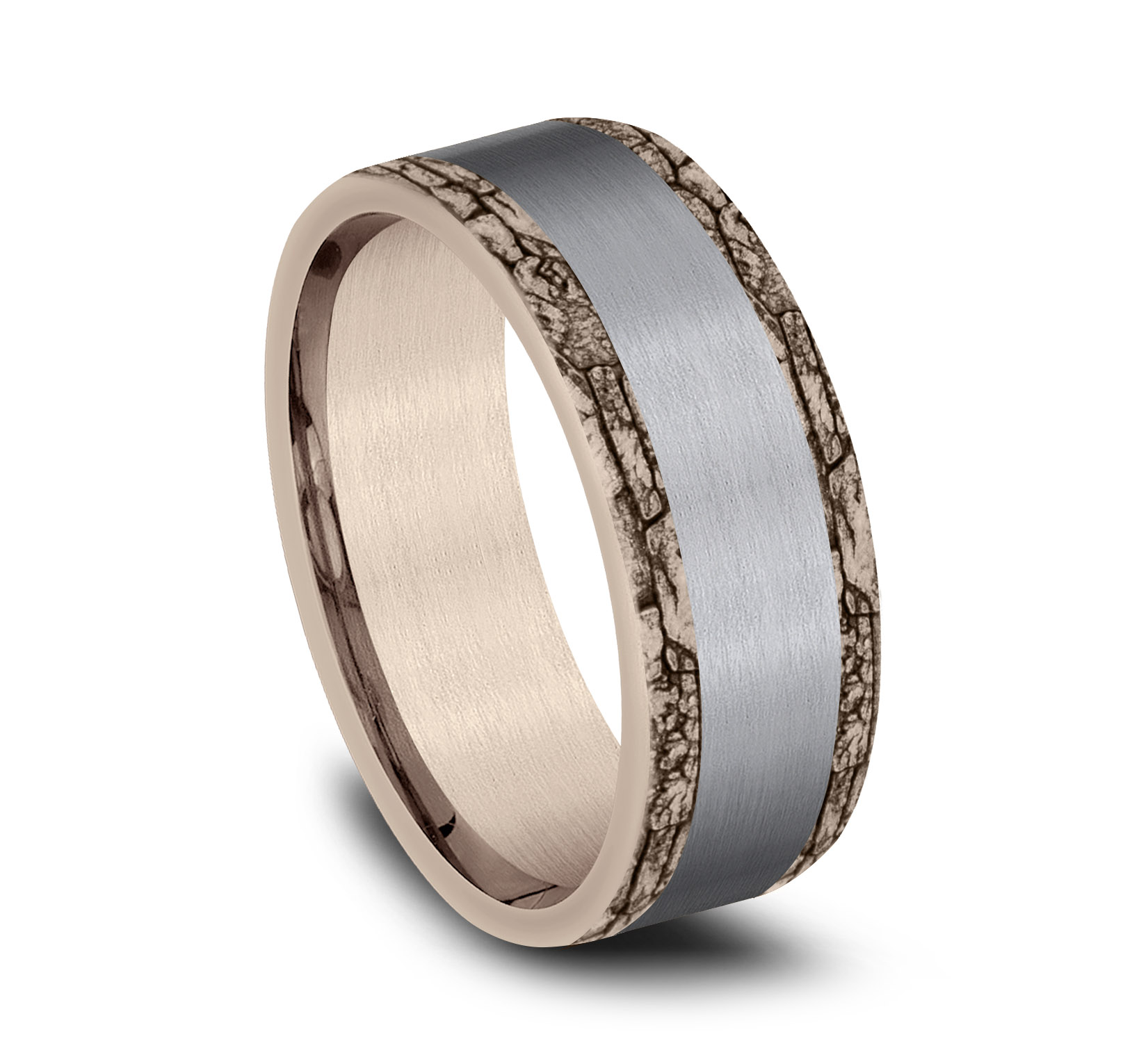 Satin Finished Tantalum Center, 14k Rose Gold Men's Band, 8mm