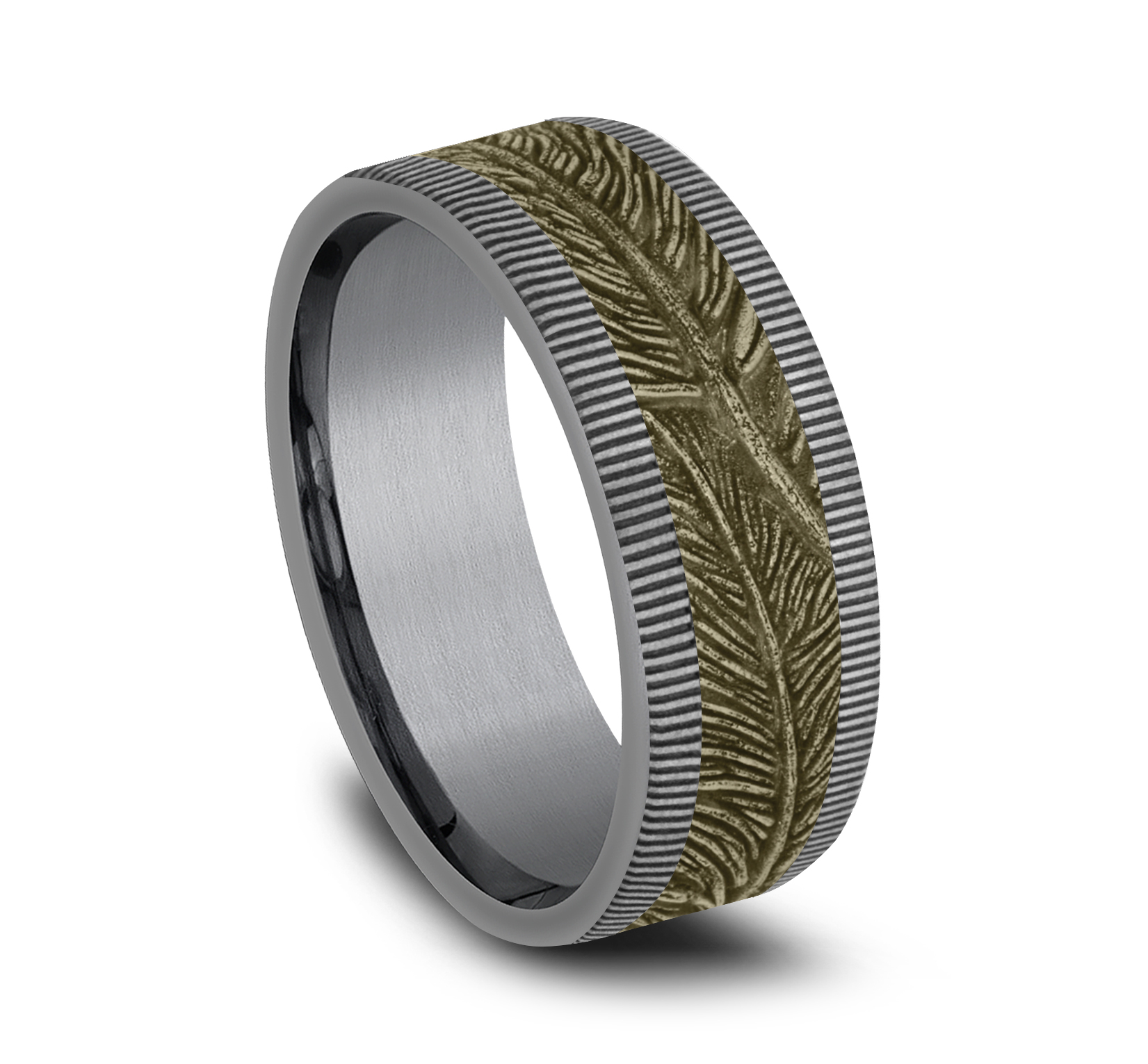 Tantalum Men's Band Accented with Feather Patterned 14k Yellow Gold Center, 8mm