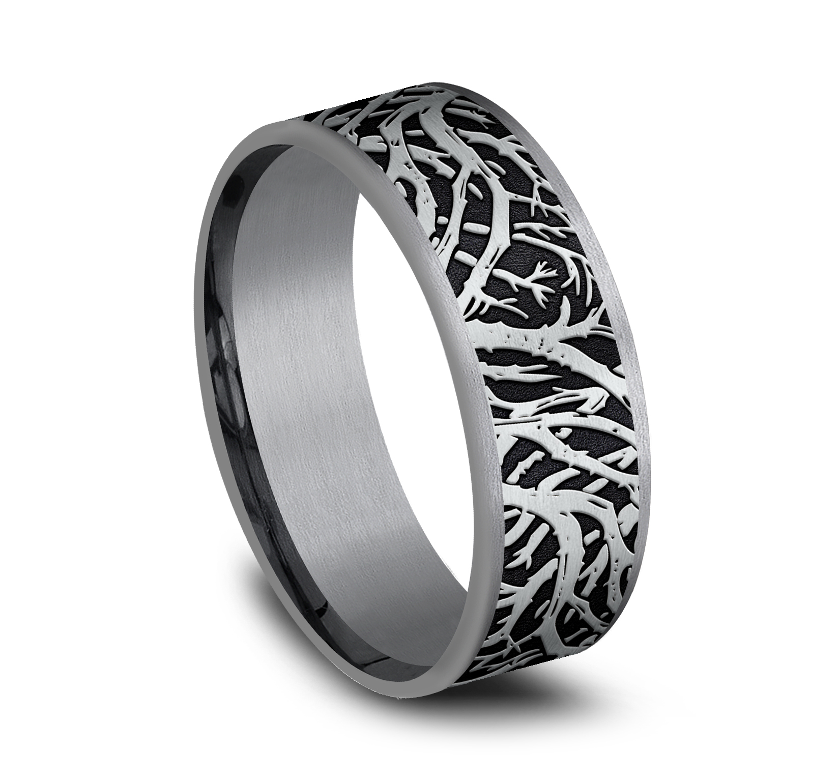 Tantalum Men's Band with 14k White Gold Enchanted Forest Motif, 7.5mm