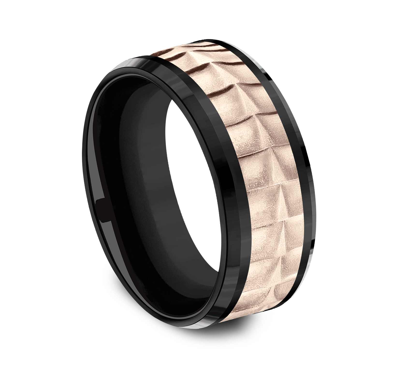 Titanium Men's Band with Crocodile Skin Patterned 14k Rose Gold Center, 9mm