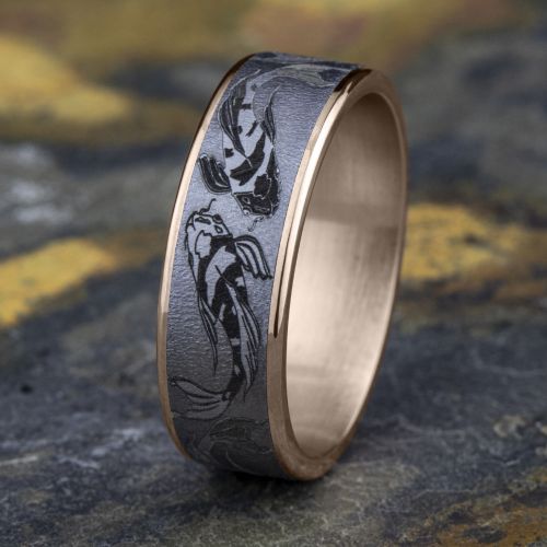 14k Rose Gold Men's Band with Koi Fish Design Tantalum Center, 7.5mm