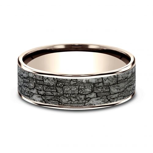 14k Rose Gold Men's Band with Stonewall Patterned Tantalum Center, 7.5mm