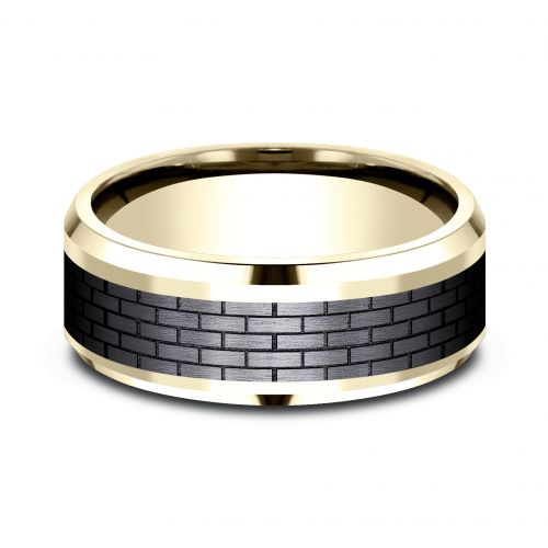 14k Yellow Gold Men's Band with Brick Wall Patterned Black Titanium Center, 8mm