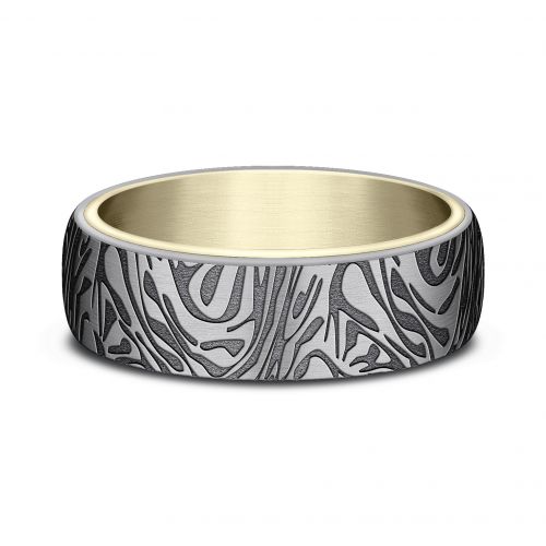 14k Yellow Gold Men's Band with Mokume Patterned Tantalum Center, 6.5mm