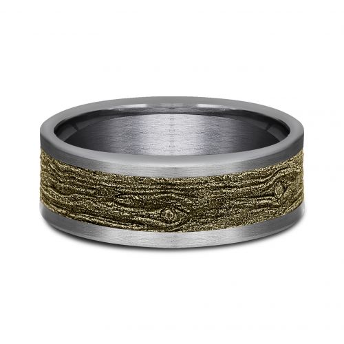 14k Yellow Gold Wood Pattern Center & Grey Tantalum Men's Ring, 8mm