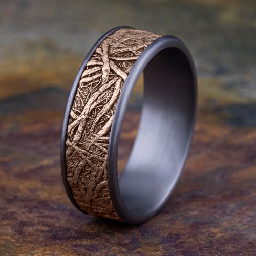 14k Rose Gold Center & Tantalum Tree Root Pattern Men's Band, 7.5 mm