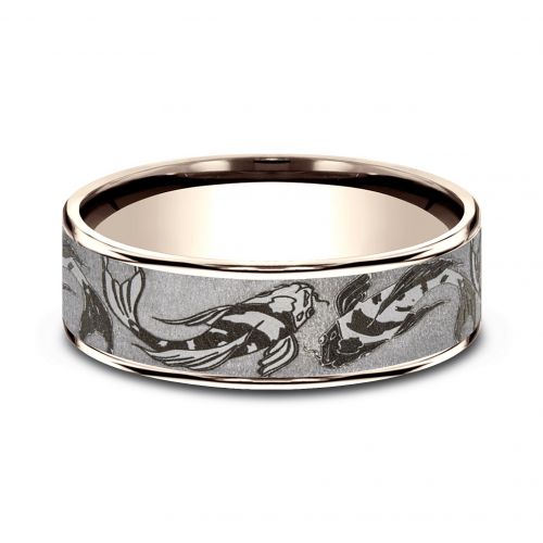 14k Rose Gold Men's Band with Koi Fish Design Tantalum Center, 7.5mm