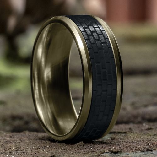 14k Yellow Gold Men's Band with Brick Wall Patterned Black Titanium Center, 8mm