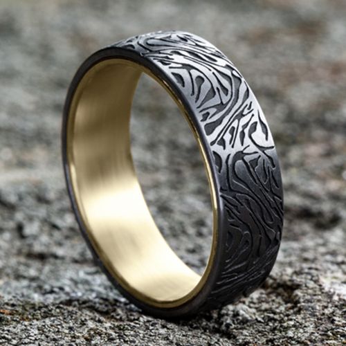 14k Yellow Gold Men's Band with Mokume Patterned Tantalum Center, 6.5mm