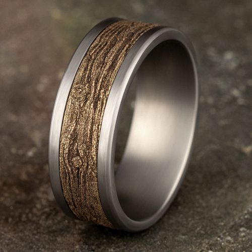 14k Yellow Gold Wood Pattern Center & Grey Tantalum Men's Ring, 8mm