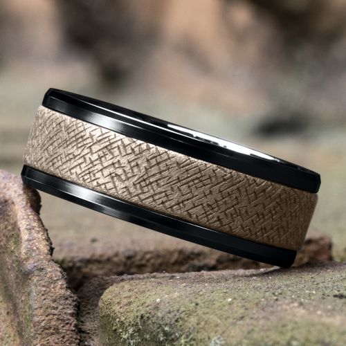 Crosshatch Patterned 14k Rose Gold Center Titanium Man's Band, 8mm