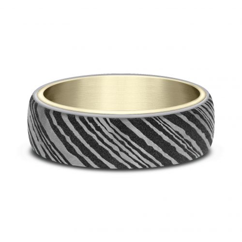 Damascus Streel Surface Design 14k Yellow Gold Men's Band, 6.5mm