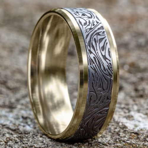 Faux Mokume Pattern Tantalum Center 14k Yellow Gold Men's Band, 8mm