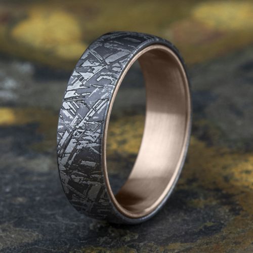 Grey Tantalum & 14k Rose Gold Faux Meteorite Men's Band, 6.5mm 