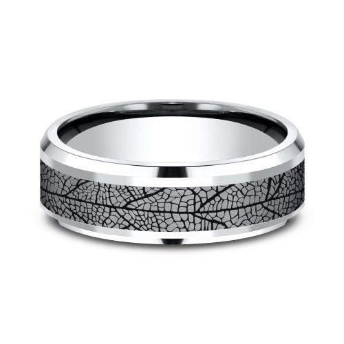 Leaf Patterned Tantalum Center, 14k White Gold Men's Band, 7mm