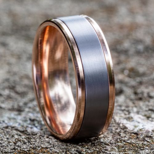 Satin Finished Grey Tantalum Center & 14k Rose Gold Men's Ring, 7mm