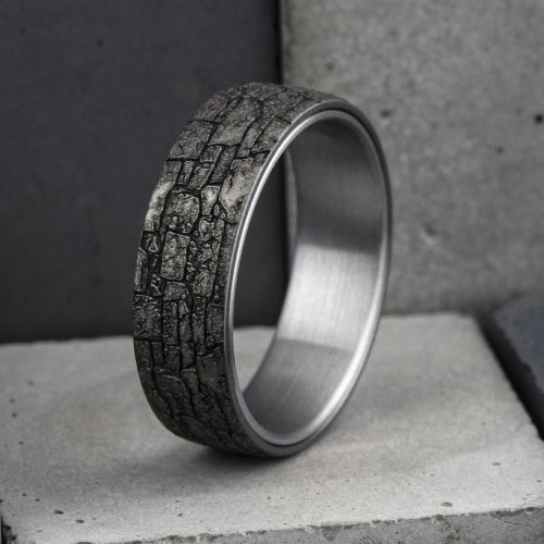Stonewall Patterned Tantalum & 14k White Gold Men's Band, 6.5mm