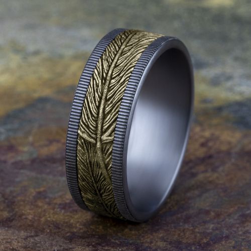 Tantalum Men's Band Accented with Feather Patterned 14k Yellow Gold Center, 8mm