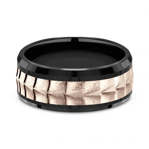 Titanium Men's Band with Crocodile Skin Patterned 14k Rose Gold Center, 9mm