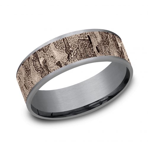 14k Rose Gold Fractured Wall Pattern Center Grey Tantalum Ring, 7.5mm