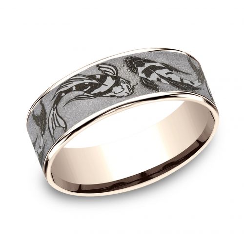 14k Rose Gold Men's Band with Koi Fish Design Tantalum Center, 7.5mm