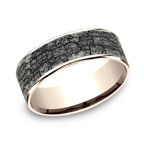 14k Rose Gold Men's Band with Stonewall Patterned Tantalum Center, 7.5mm