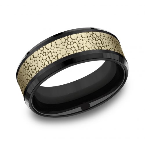 14k Yellow Gold Center & Titanium Pebble  Pattern Men's Band, 7.5 mm