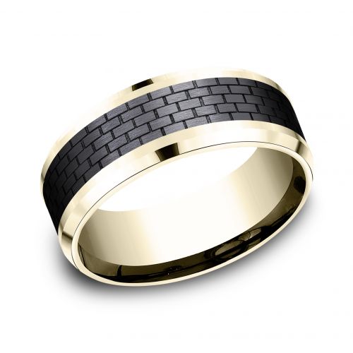 14k Yellow Gold Men's Band with Brick Wall Patterned Black Titanium Center, 8mm