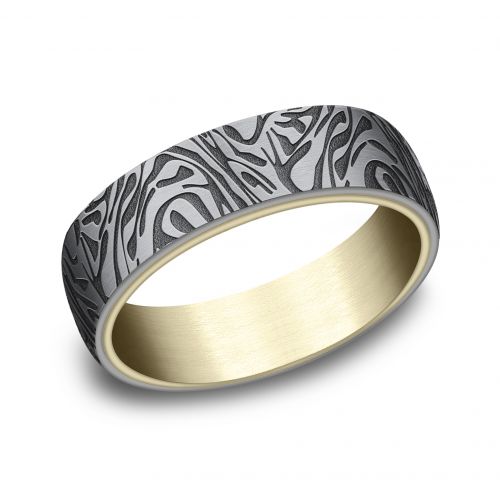 14k Yellow Gold Men's Band with Mokume Patterned Tantalum Center, 6.5mm