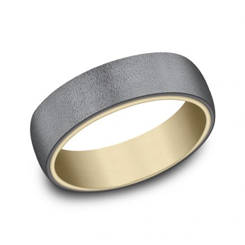 14k Yellow Gold Men's Band with Wire Brushed finish Tantalum Surface, 6.5mm