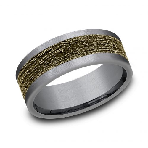 14k Yellow Gold Wood Pattern Center & Grey Tantalum Men's Ring, 8mm