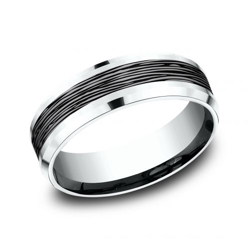 Bark Patterned Tantalum Center 14k White Gold Men's Band, 7mm