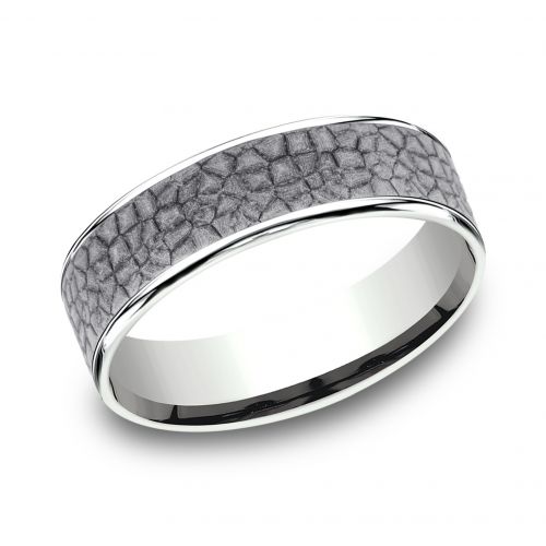 Cobblestone Patterned Tantalum Center 14k White Gold Men's Band, 6.5mm