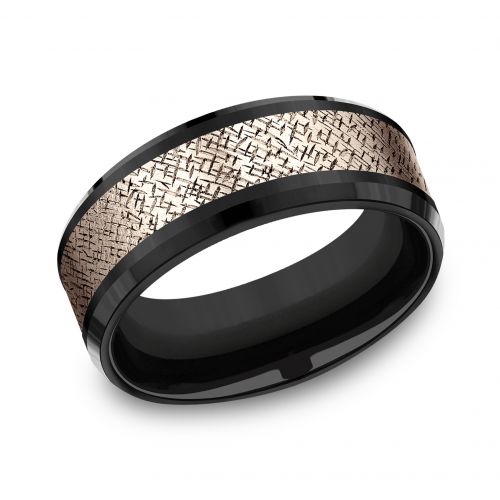 Crosshatch Patterned 14k Rose Gold Center Titanium Man's Band, 8mm