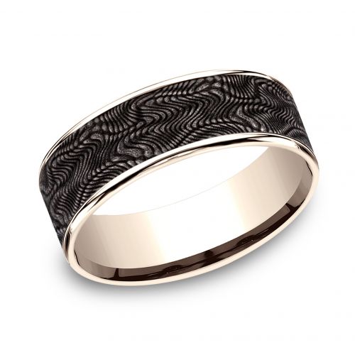 Grey Tantalum Snakeskin Pattern Center & 14k Rose Gold Men's Ring, 7.5mm