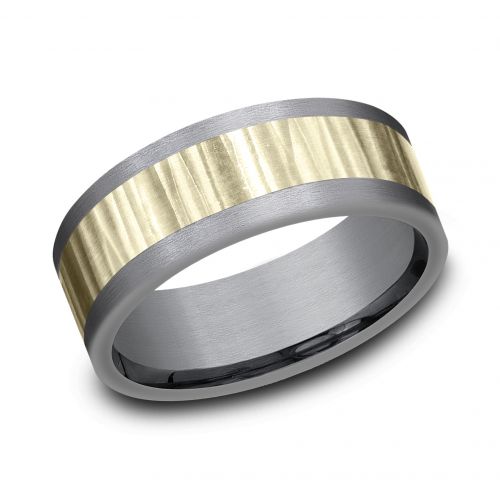 Hammered Finish 14k Yellow Gold Center Tantalum Men's Band, 8mm