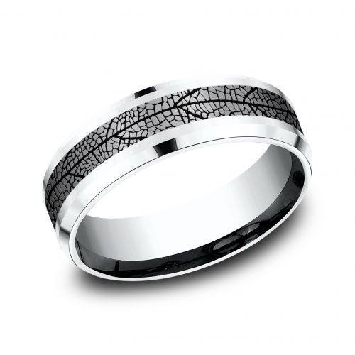 Leaf Patterned Tantalum Center, 14k White Gold Men's Band, 7mm