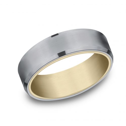 Satin Finished Grey Tantalum Center 14k Yellow Gold Men's Band, 6.5mm