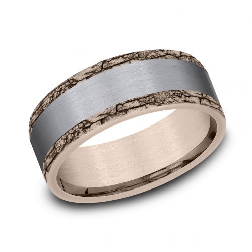 Satin Finished Tantalum Center, 14k Rose Gold Men's Band, 8mm