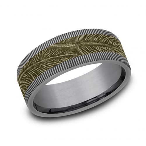 Tantalum Men's Band Accented with Feather Patterned 14k Yellow Gold Center, 8mm
