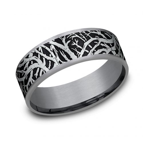 Tantalum Men's Band with 14k White Gold Enchanted Forest Motif, 7.5mm