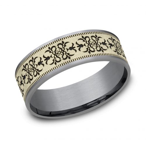 Tantalum Men's Band with Baroque Patterned 14k Yellow Gold Center, 7.5mm