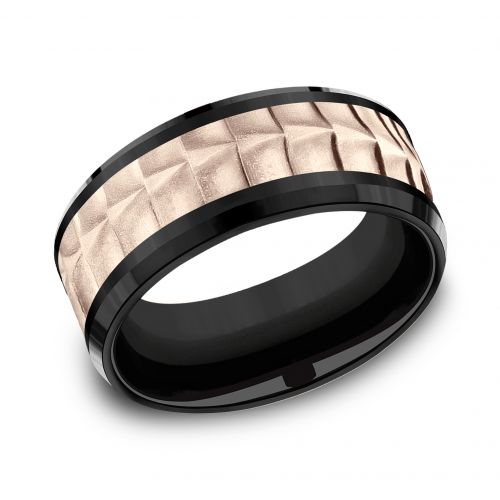 Titanium Men's Band with Crocodile Skin Patterned 14k Rose Gold Center, 9mm