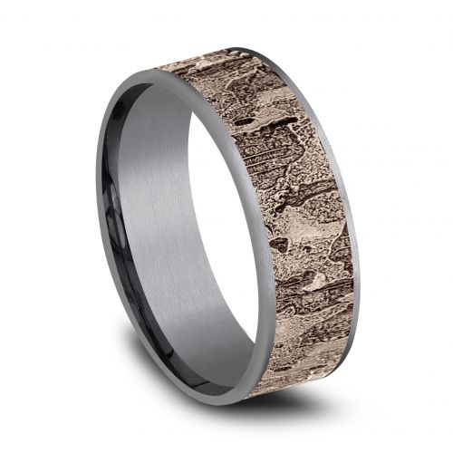 14k Rose Gold Fractured Wall Pattern Center Grey Tantalum Ring, 7.5mm