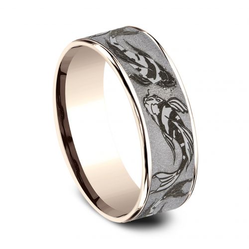 14k Rose Gold Men's Band with Koi Fish Design Tantalum Center, 7.5mm