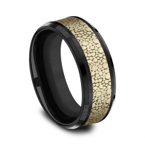 14k Yellow Gold Center & Titanium Pebble  Pattern Men's Band, 7.5 mm