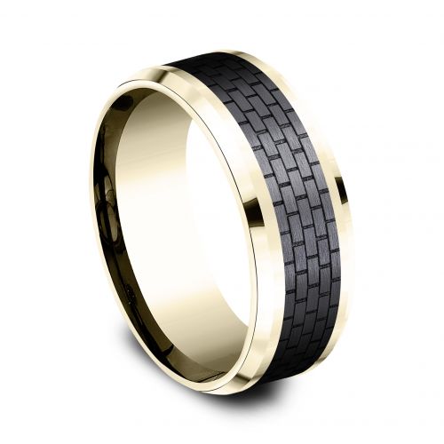 14k Yellow Gold Men's Band with Brick Wall Patterned Black Titanium Center, 8mm