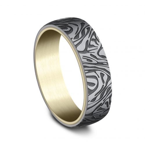 14k Yellow Gold Men's Band with Mokume Patterned Tantalum Center, 6.5mm