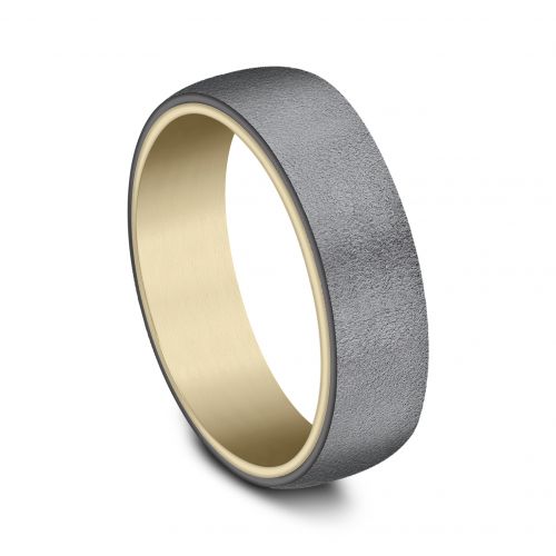 14k Yellow Gold Men's Band with Wire Brushed finish Tantalum Surface, 6.5mm