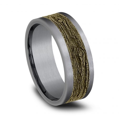 14k Yellow Gold Wood Pattern Center & Grey Tantalum Men's Ring, 8mm